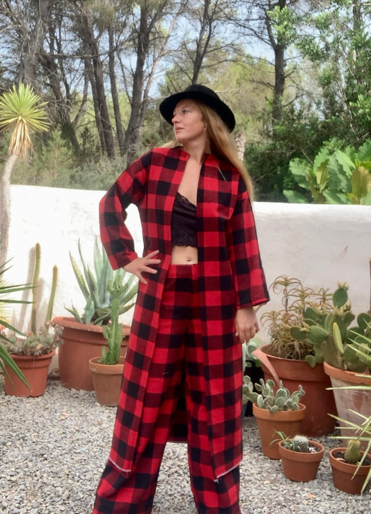 Red and black checked jacket made by Vagabond Ibiza from dead stock vintage textiles