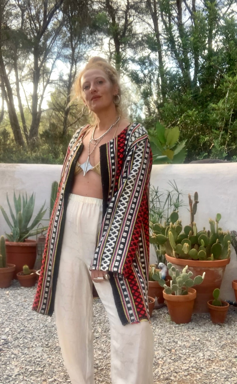 Hand woven Moroccan up-cycled blanket jacket made by Vagabond Ibiza with black white and red striped design