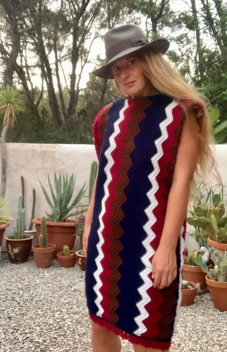 vintage wool and cotton hand made crochet jumper dress with short sleeves and zig zag design