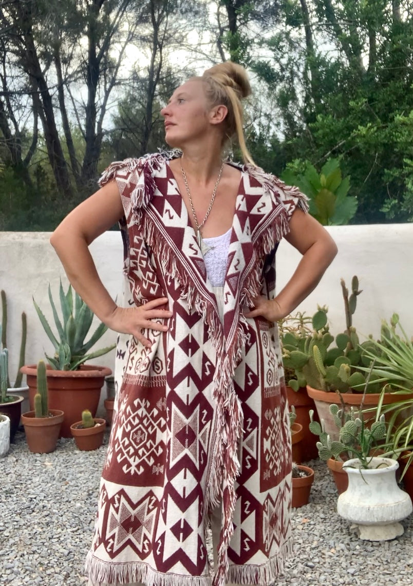 White and brown cotton long Aztec design blanket waistcoat/jackets up-cycled by Vagabond Ibiza.