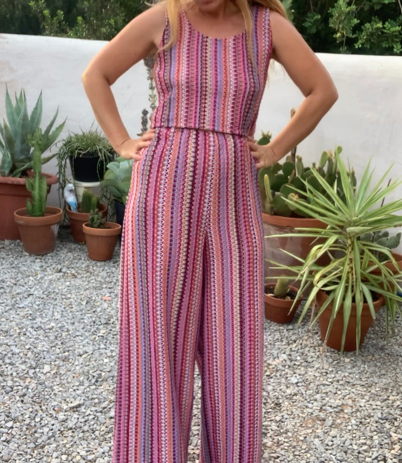 Up-cycled vintage machine knitted 2 piece set wide leg pants and top set made by Vagabond Ibiza