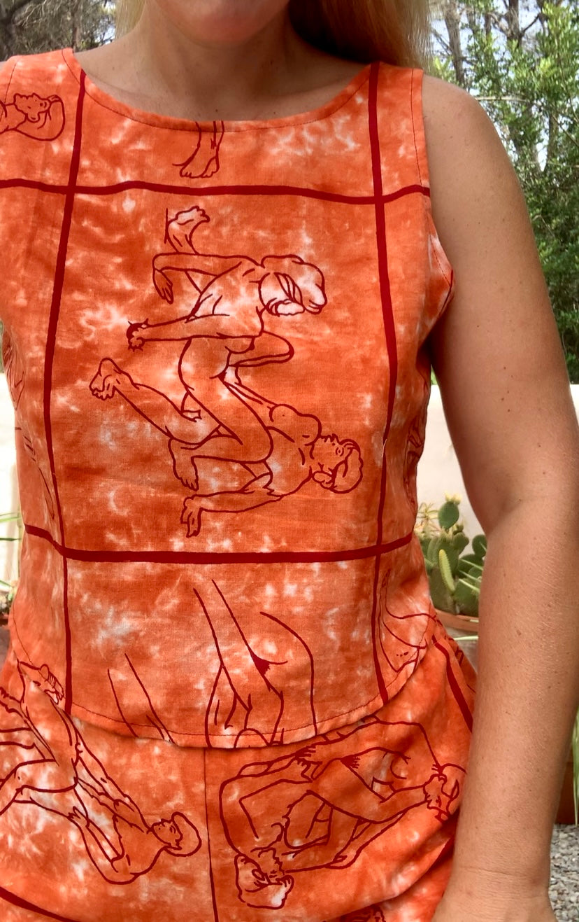 Up-cycled orange cotton screen printed karma sutra printed 2 piece set made by Vagabond Ibiza