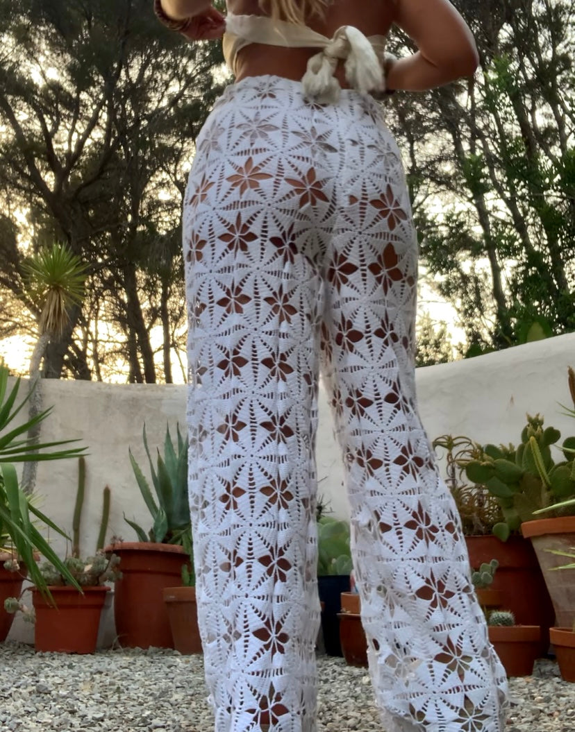 Vintage hand made crochet textiles up-cycled wide leg trousers by Vagabond Ibiza