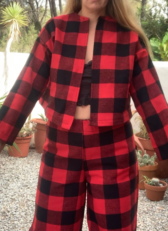 Red and black checked jacket made by Vagabond Ibiza from dead stock vintage textiles