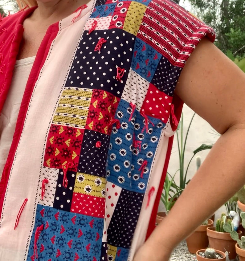 Patchwork cotton quilted blanket waistcoat jacket up-cycled by Vagabond Ibiza with red and blue design