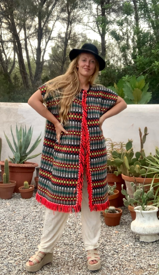 Up-cycled hand woven Morrocan textile waistcoat jacket by Vagabond Ibiza with red and black geometric design