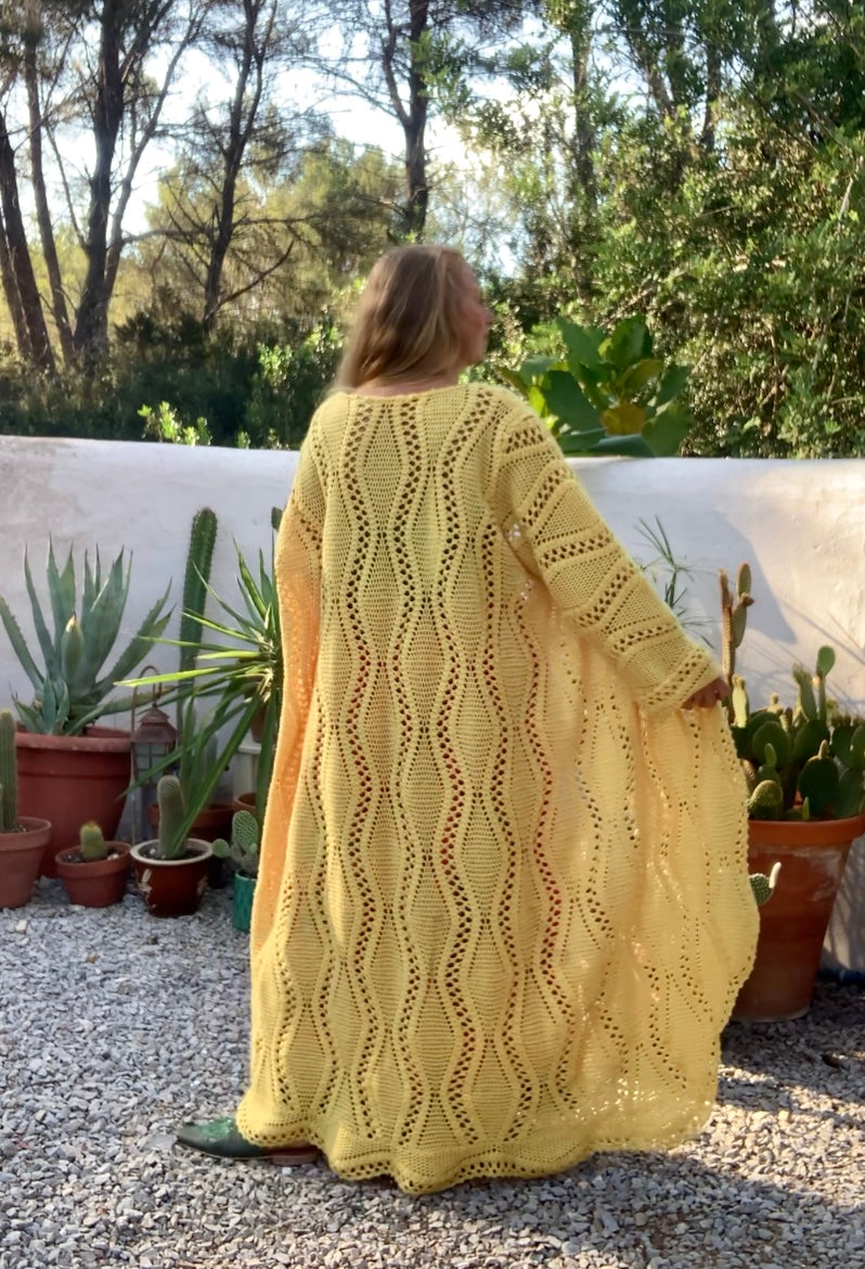 Vintage bright yellow handmade crochet blanket jacket up-cycled by Vagabond Ibiza.