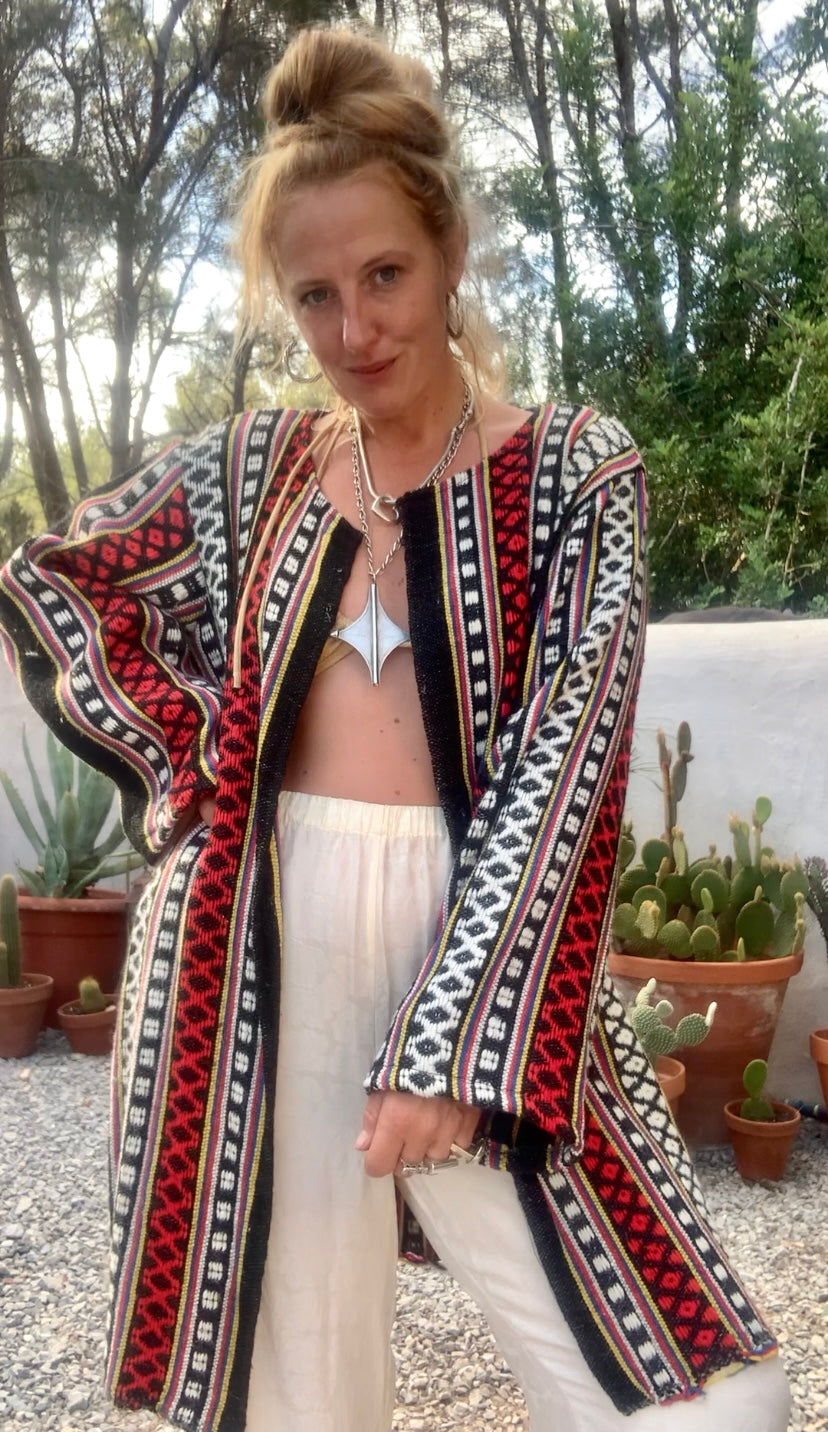 Hand woven Moroccan up-cycled blanket jacket made by Vagabond Ibiza with black white and red striped design