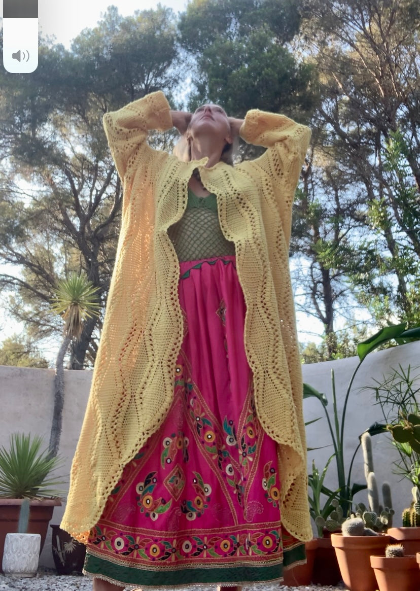 Vintage bright yellow handmade crochet blanket jacket up-cycled by Vagabond Ibiza.