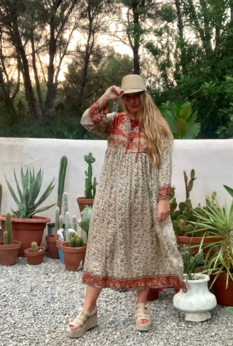 Vintage Indian sari dress cream with blue and orange floral print up-cycled by Vagabond Ibiza