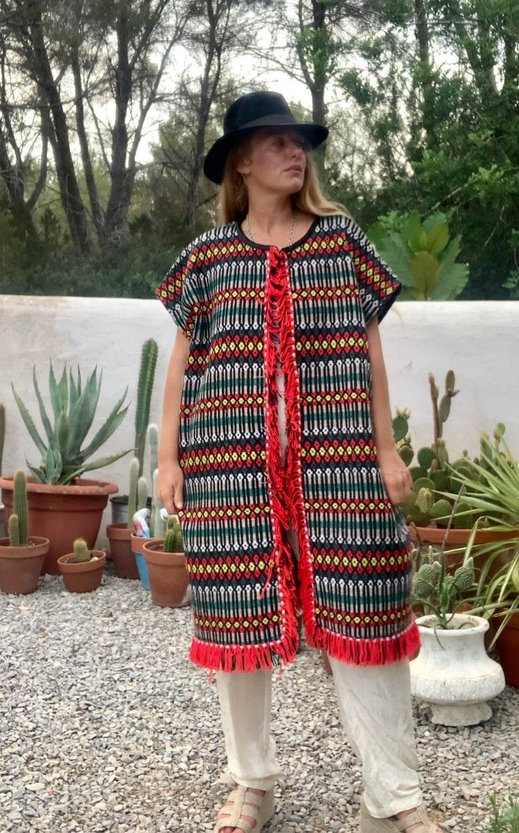 Up-cycled hand woven Morrocan textile waistcoat jacket by Vagabond Ibiza with red and black geometric design