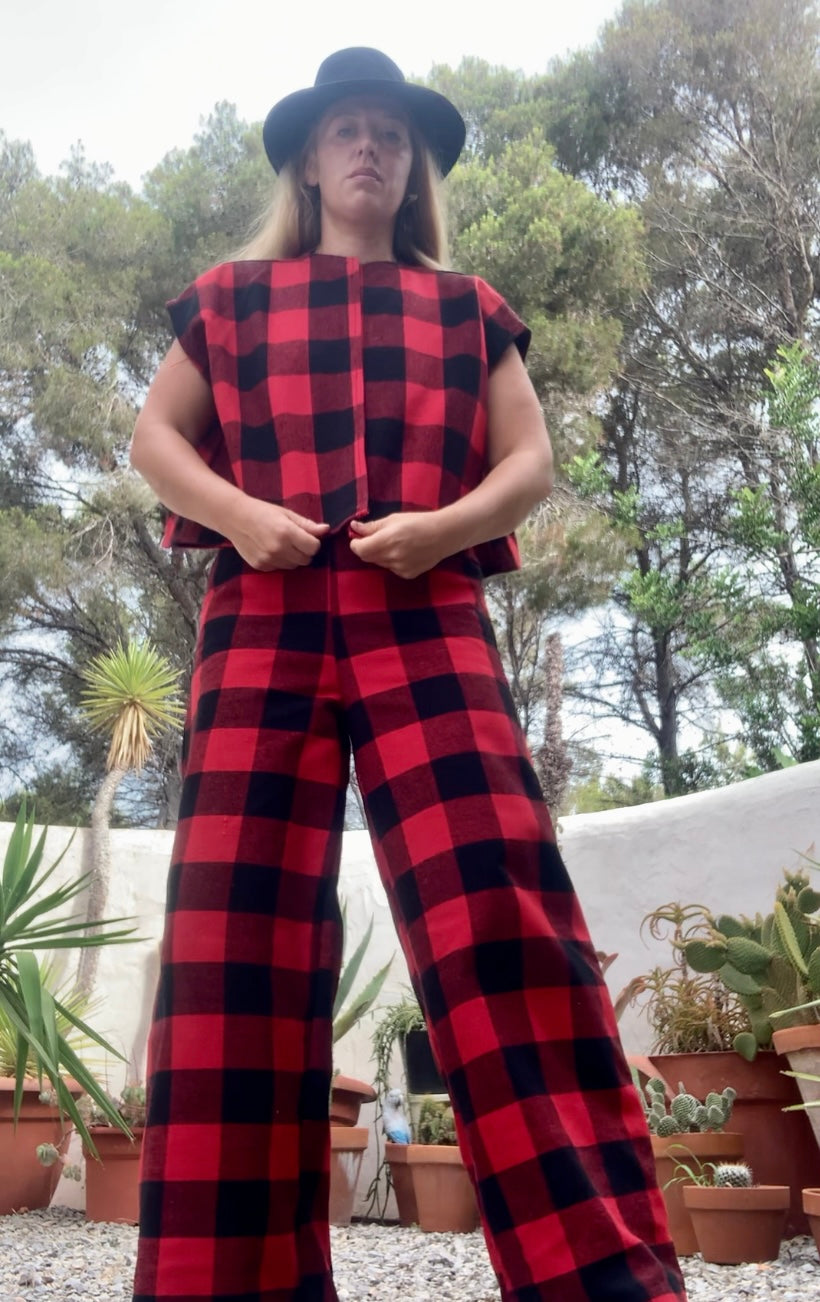 Red and black checked cropped waistcoat jacket made by Vagabond Ibiza from dead stock vintage textiles