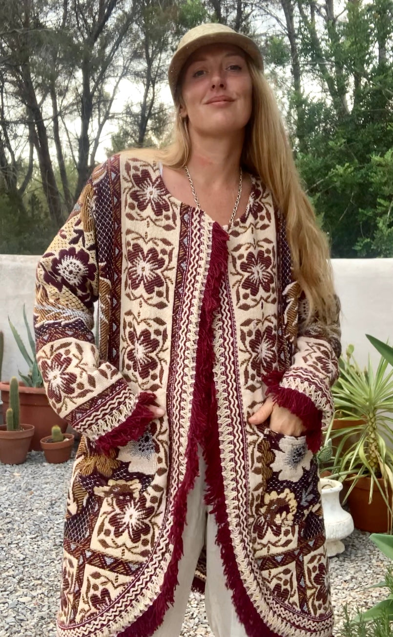 Up-cycled vintage blanket jackets by Vagabond Ibiza with a brown and cream woven outside textiles lined with patterns fleece