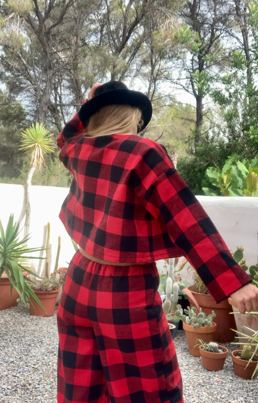 Red and black checked jacket made by Vagabond Ibiza from dead stock vintage textiles