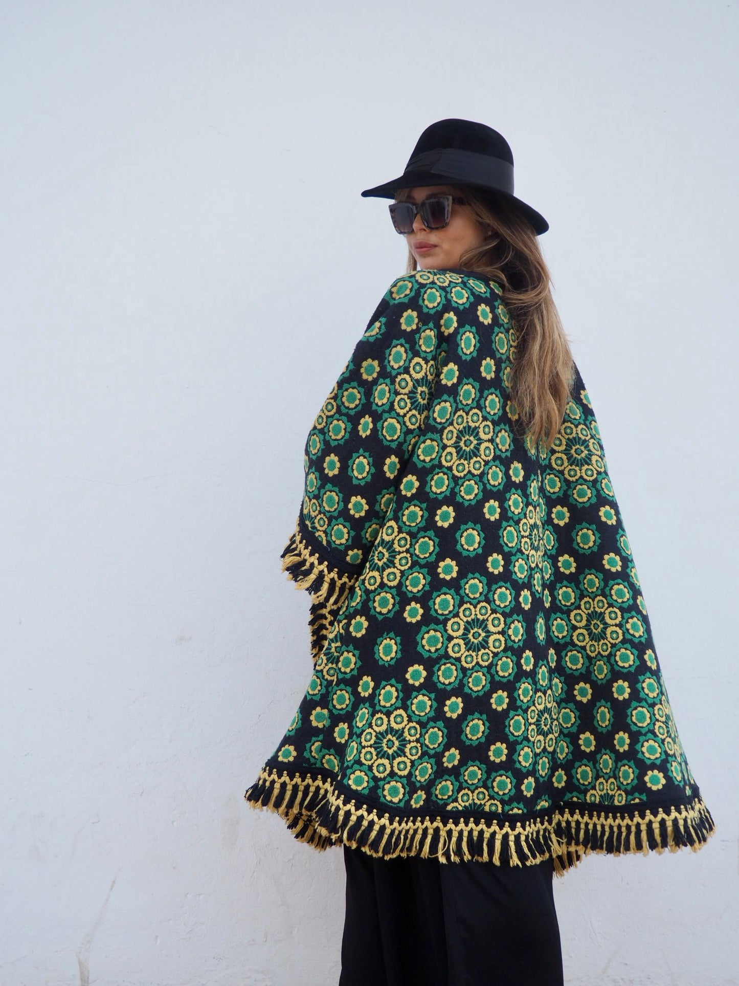 Stunning vintage 1970’s black and green tapestry jacket cut on the bias with bell sleeves made by Vagabond Ibiza