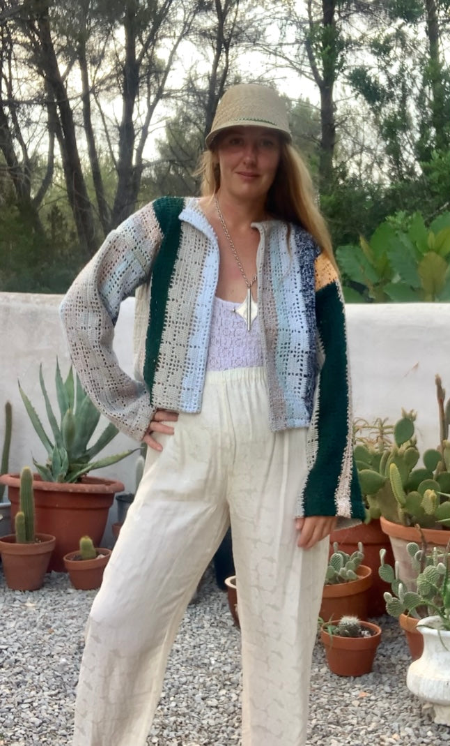 Up-cycled vintage crochet cropped jacket made by Vagabond Ibiza with pastel tones.