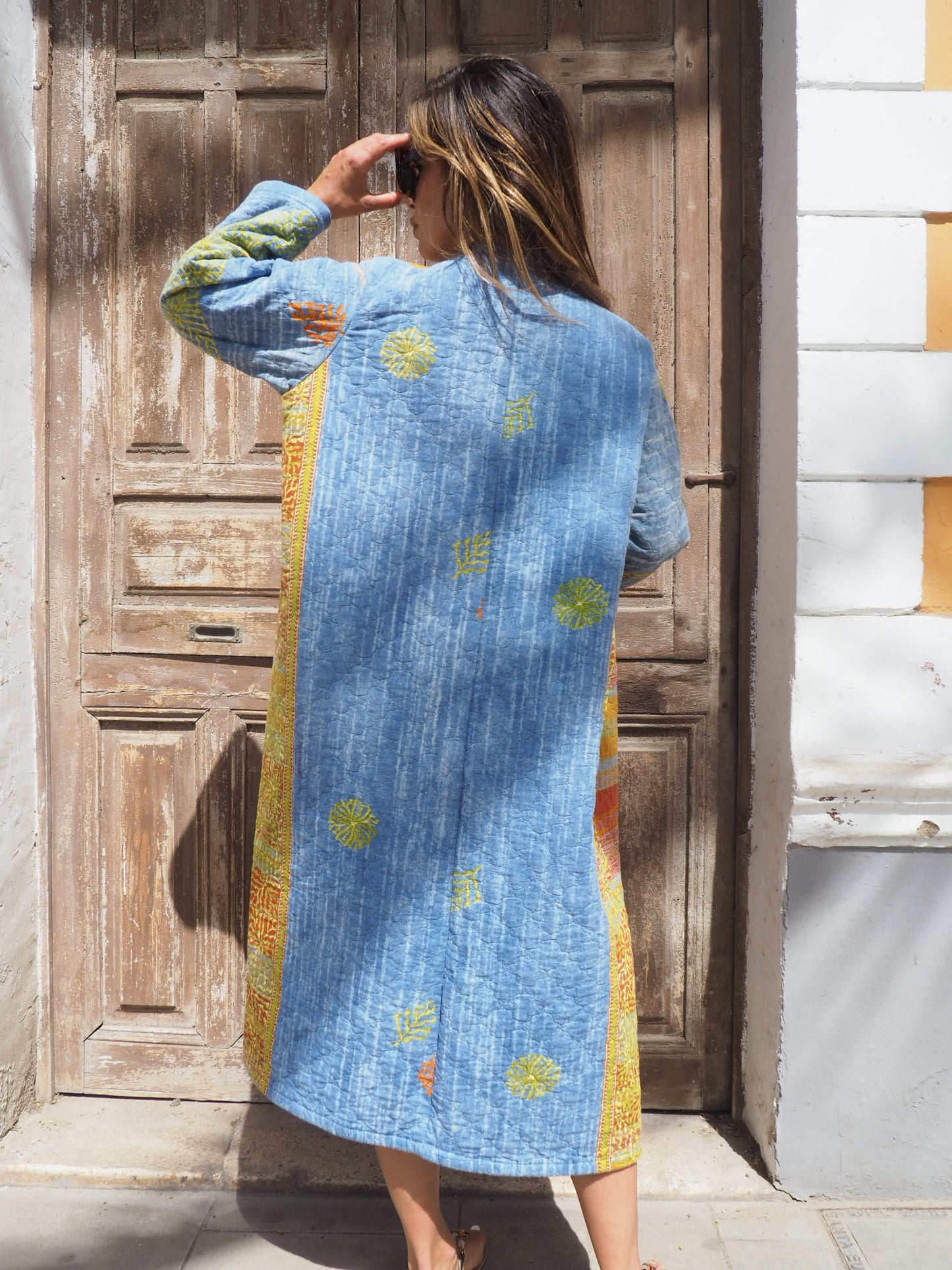 Vintage quilted blue and orange patterned long blanket jacket up-cycled by Vagabond Ibiza made in Ibiza one off a kind