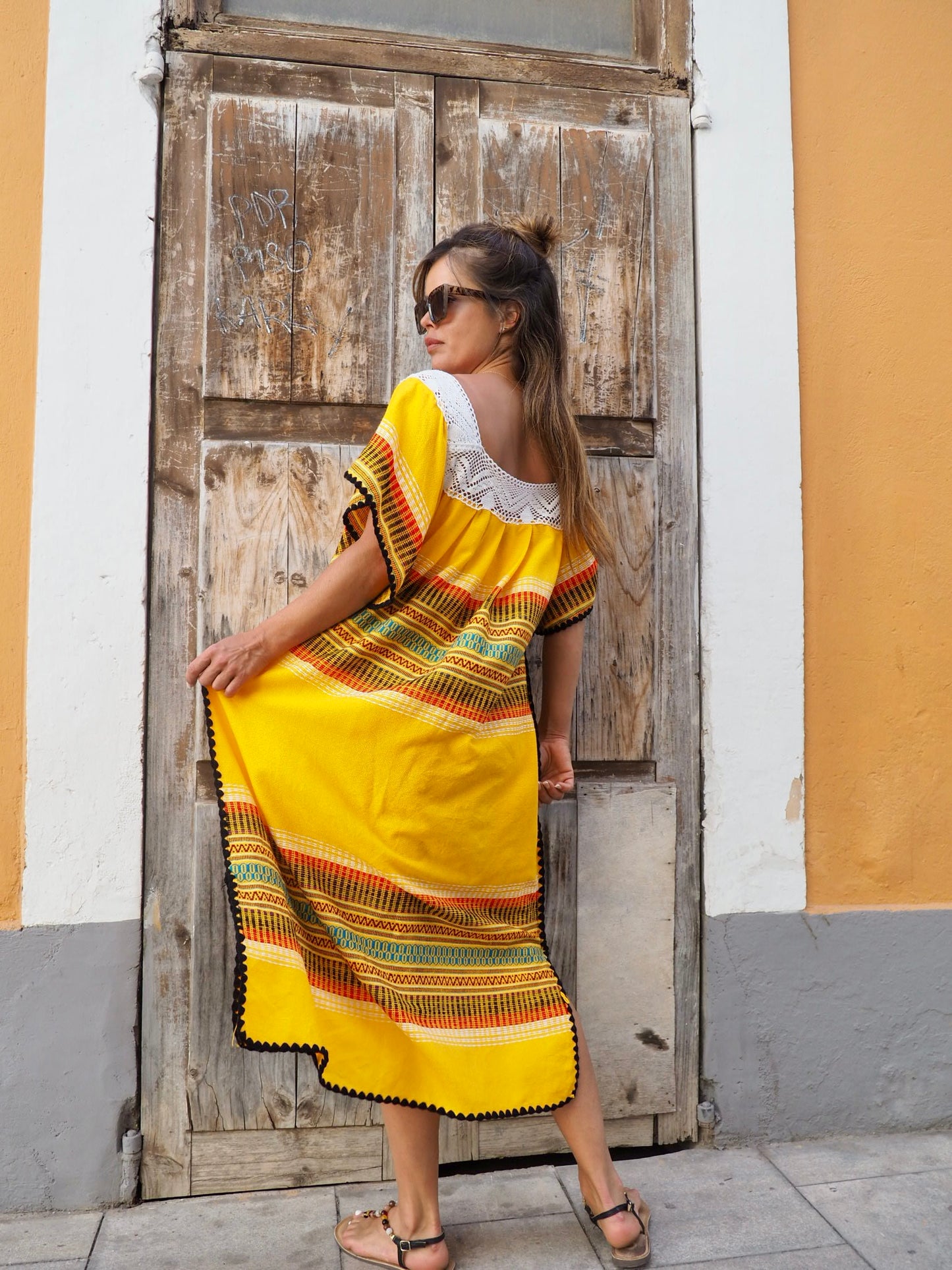 Vintage Mexican yellow woven Kaftan dress with embroidery details