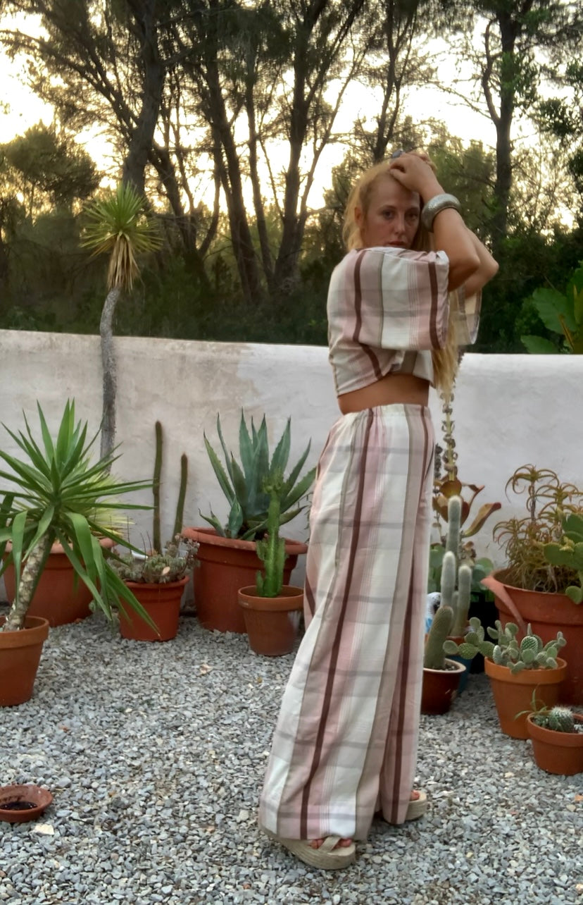 Vintage cotton pink and cream curtain fabric upcycled 2 piece set top and wide leg pants