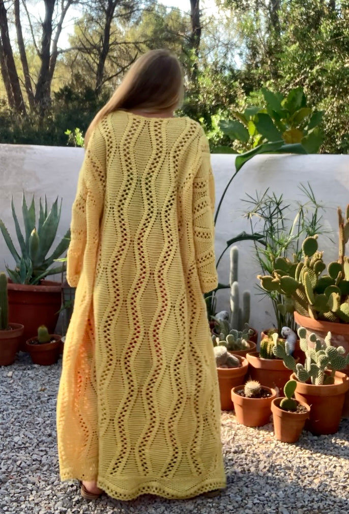 Vintage bright yellow handmade crochet blanket jacket up-cycled by Vagabond Ibiza.