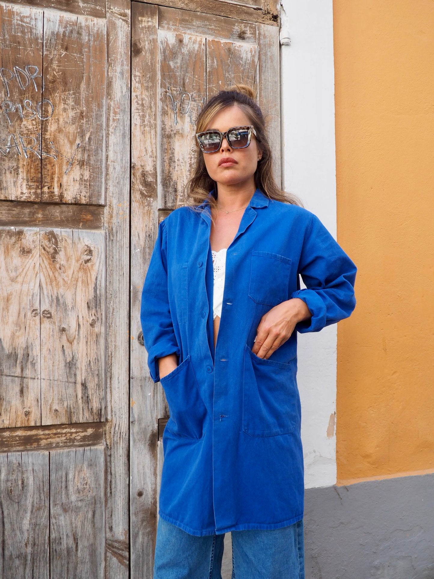 Vintage French blue cotton long workwear jacket with pockets