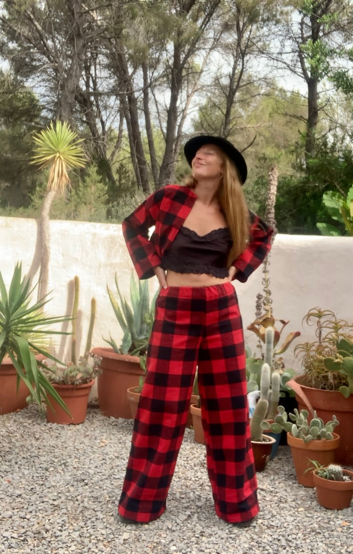 Red and black checked jacket made by Vagabond Ibiza from dead stock vintage textiles