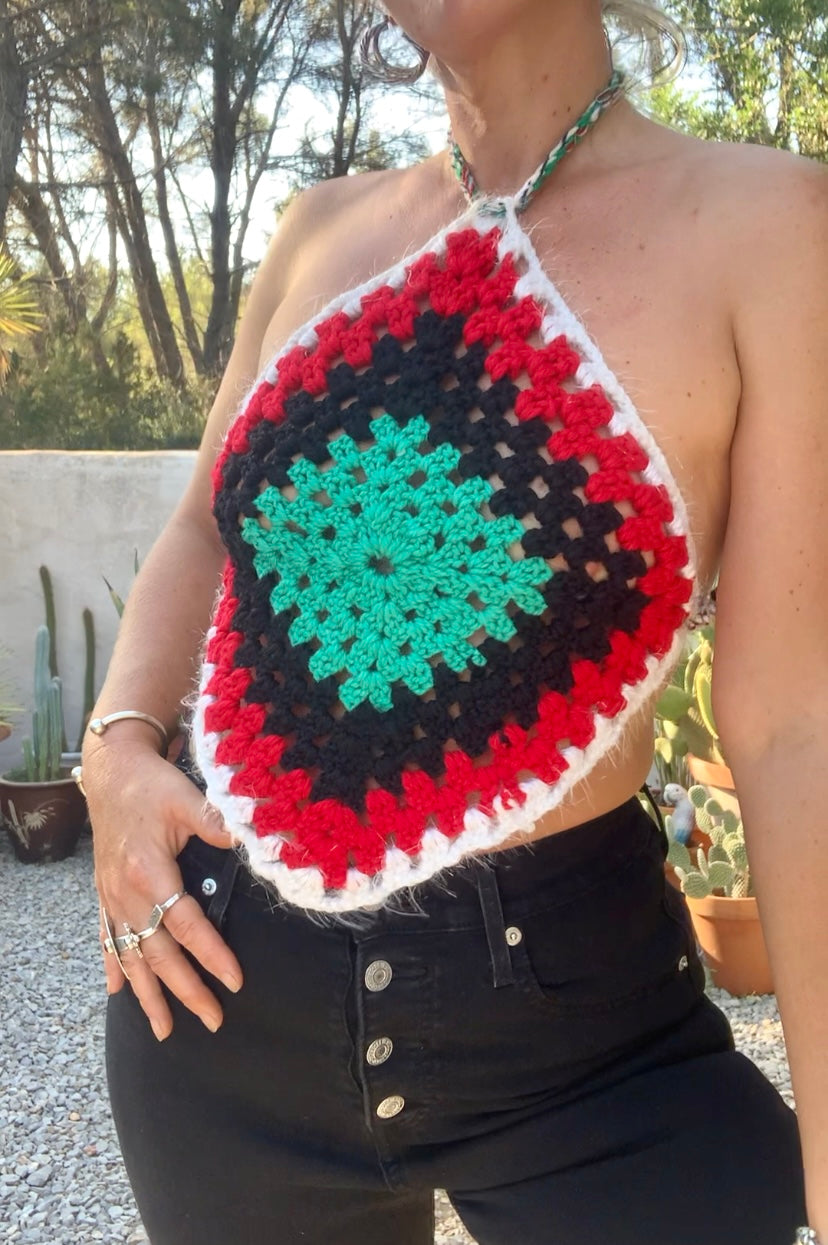 Vintage wool oversized granny square wool tie tops perfect for festivals party and summer time wear over a white shirt in winter