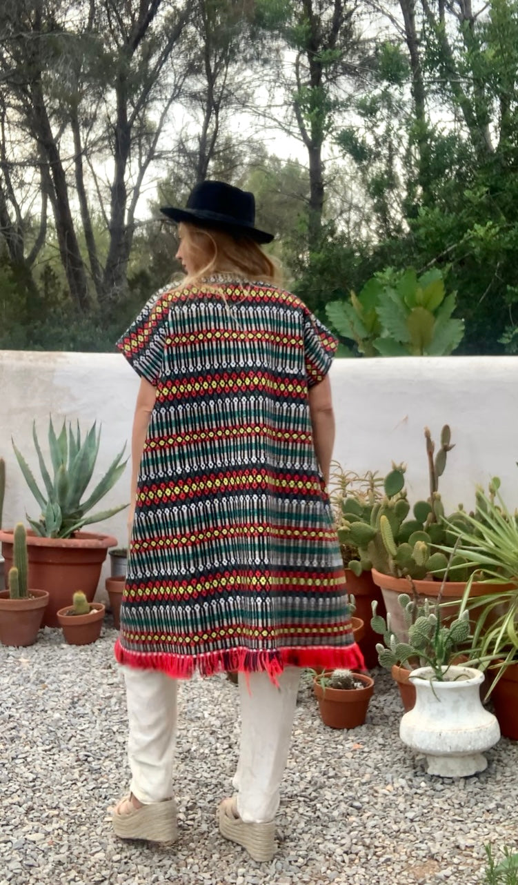 Up-cycled hand woven Morrocan textile waistcoat jacket by Vagabond Ibiza with red and black geometric design