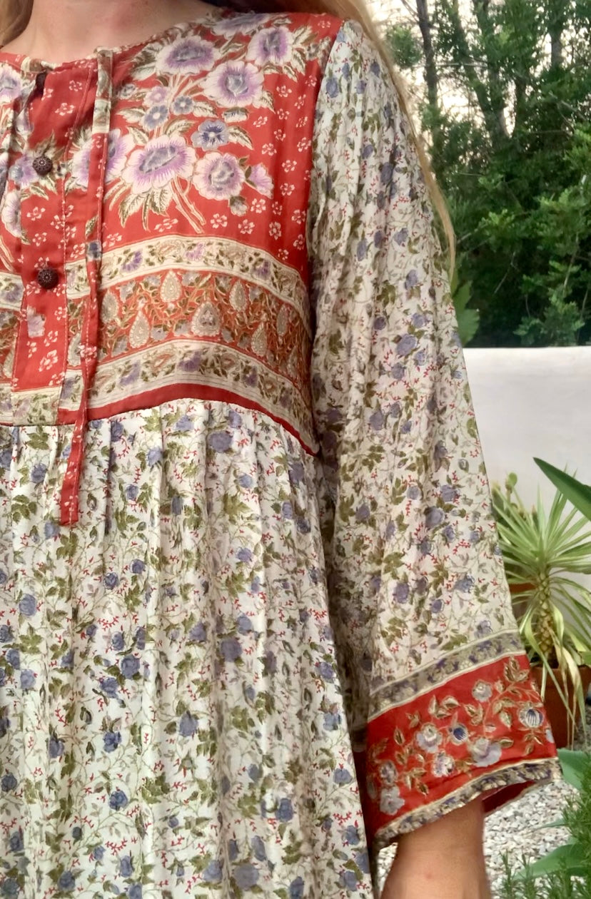 Vintage Indian sari dress cream with blue and orange floral print up-cycled by Vagabond Ibiza