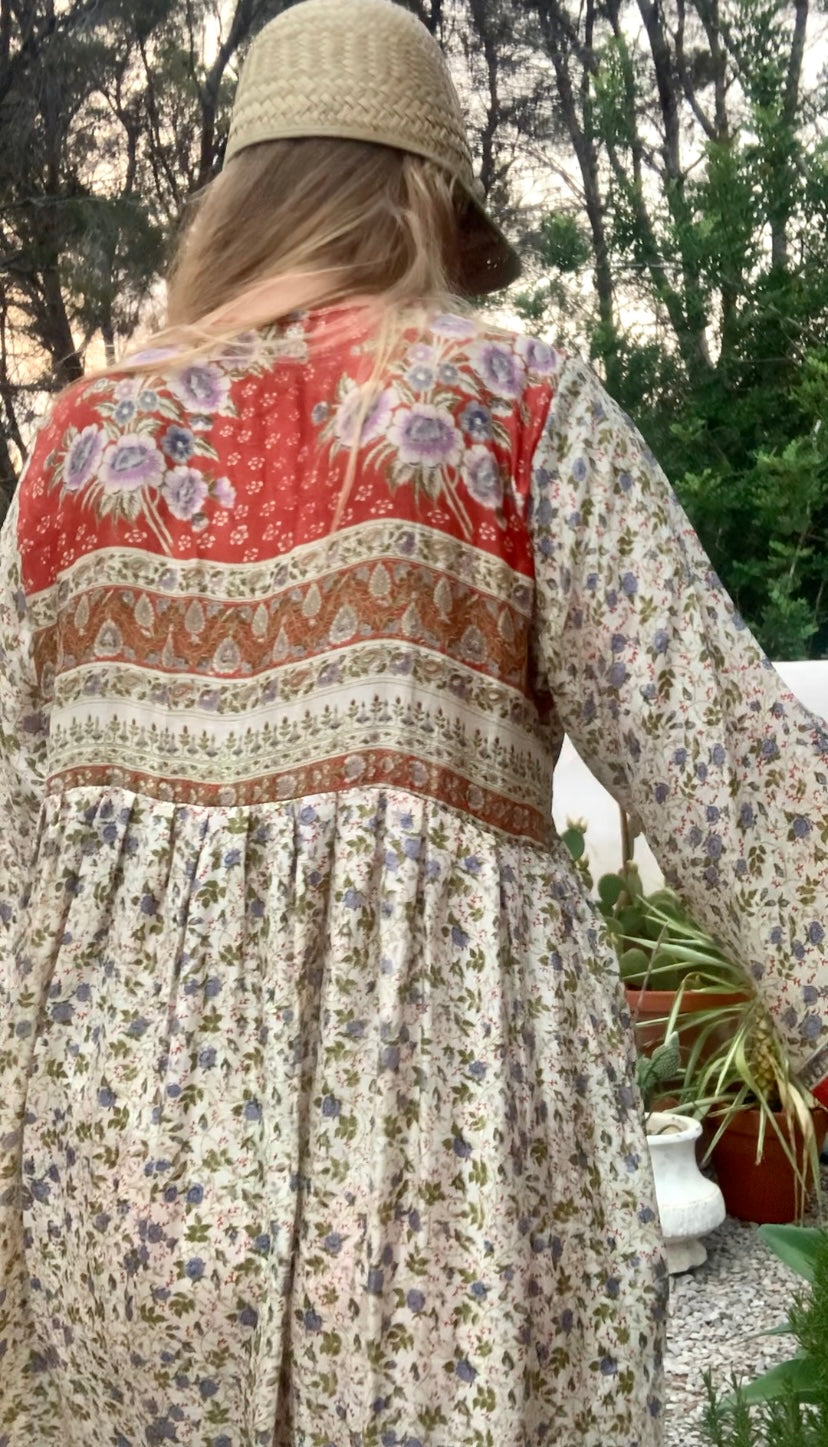 Vintage Indian sari dress cream with blue and orange floral print up-cycled by Vagabond Ibiza