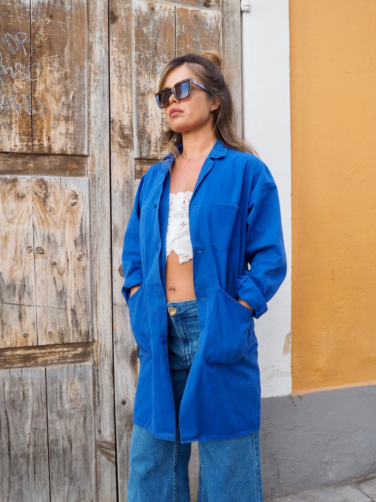 Vintage French blue cotton long workwear jacket with pockets