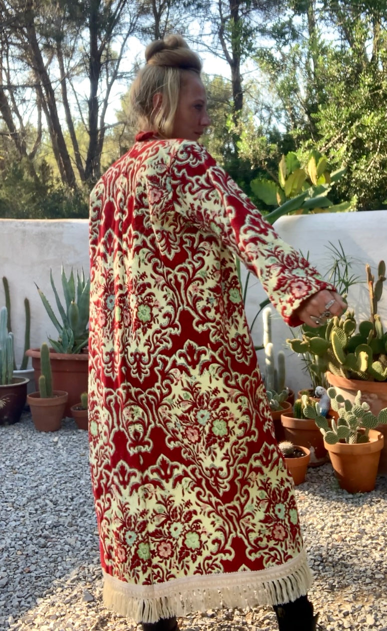 Vintage red and pastel yellow textiles with a burnet out devore Damascus pattern on the velvets pile very special textiles with tassel trim