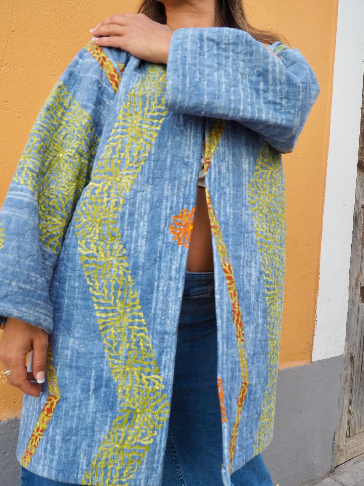 Vintage quilted blue patterned blanket jacket up-cycled by Vagabond Ibiza