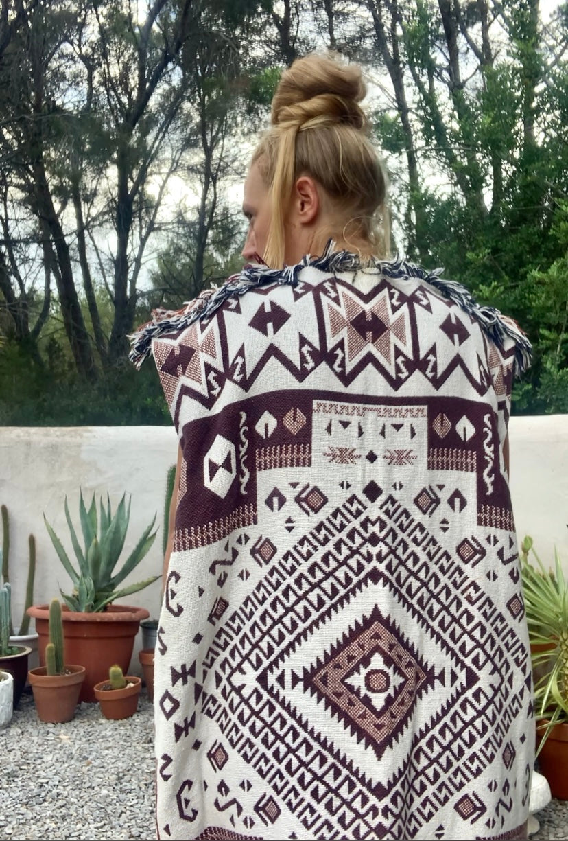 White and brown cotton long Aztec design blanket waistcoat/jackets up-cycled by Vagabond Ibiza.