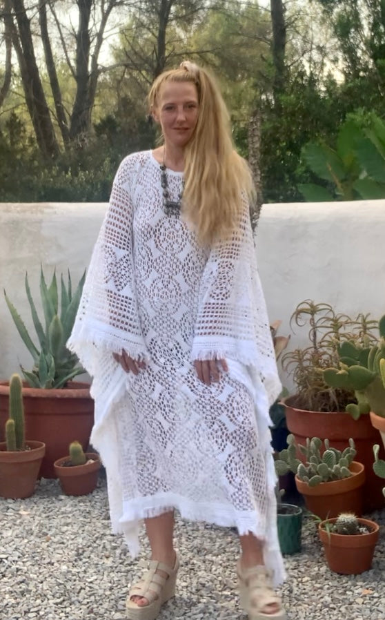 vintage white crochet long maxi dress with wide bell sleeves up-cycled by Vagabond Ibiza