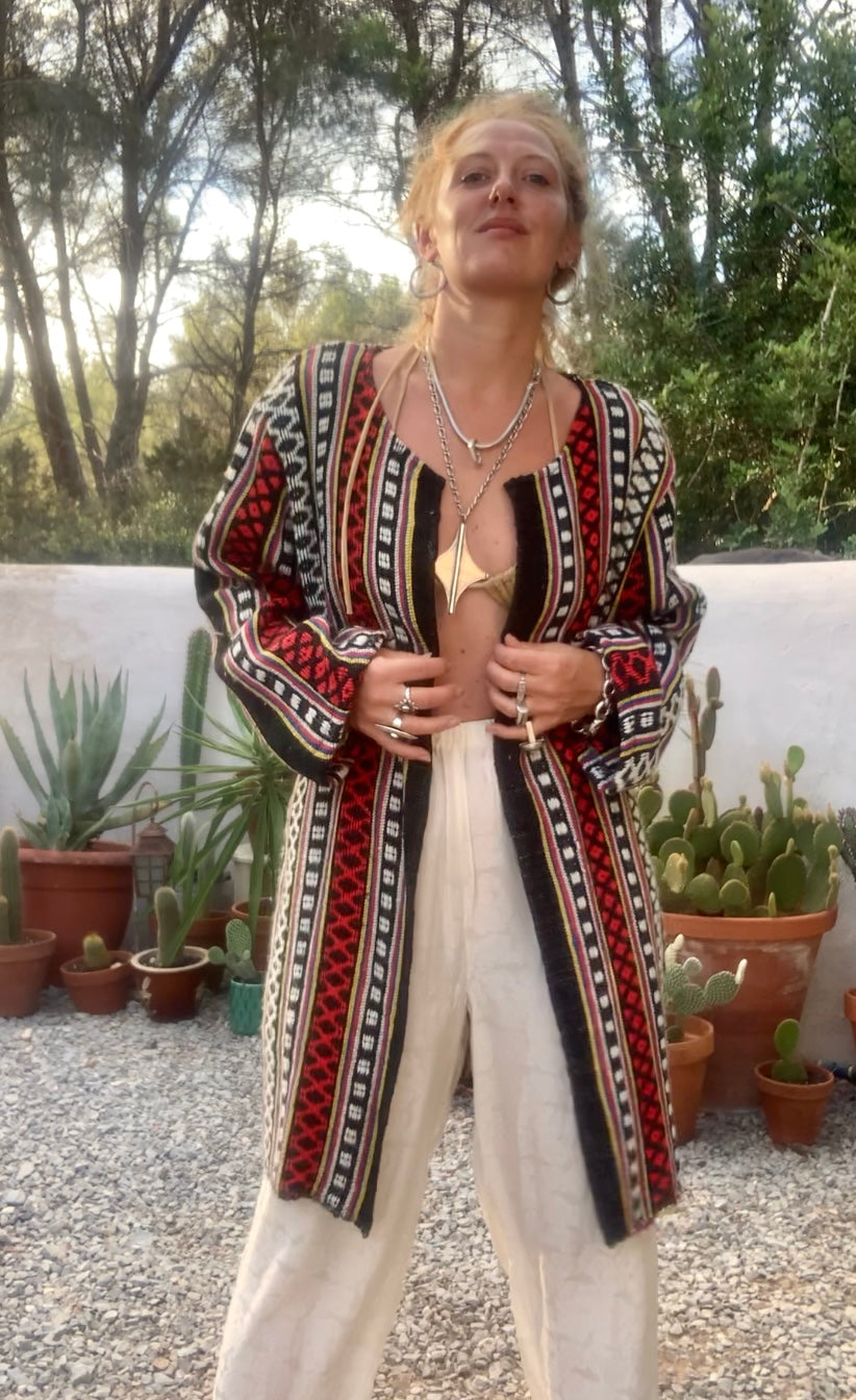 Hand woven Moroccan up-cycled blanket jacket made by Vagabond Ibiza with black white and red striped design