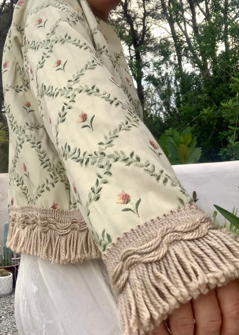 Vintage Up-cycled curtain jacket with floral detail on a woven cream fabric made by Vagabond Ibiza.