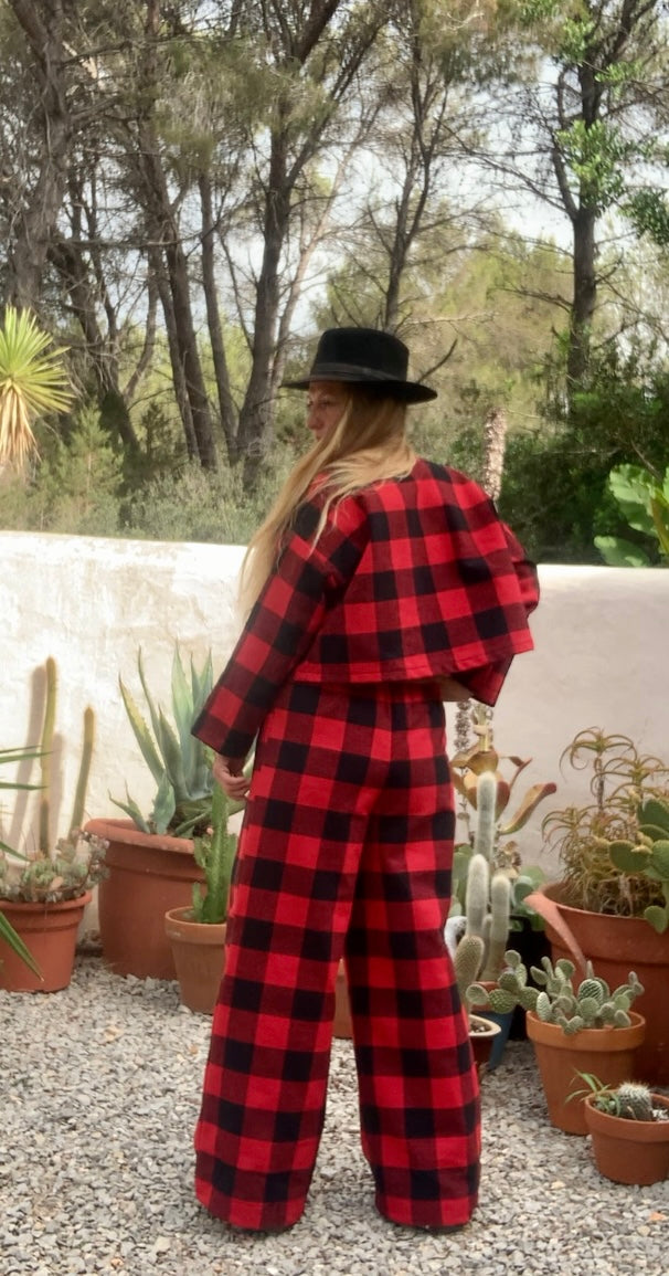 Red and black checked jacket made by Vagabond Ibiza from dead stock vintage textiles