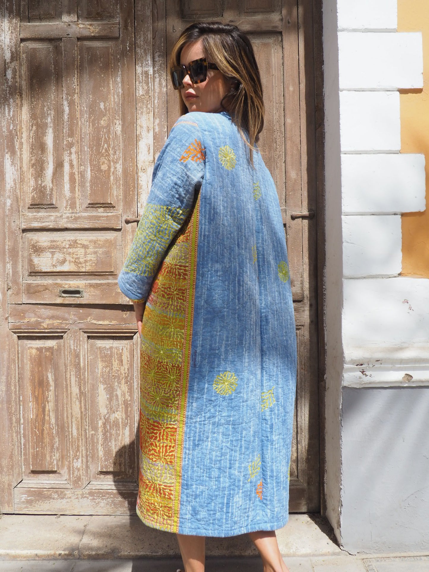 Vintage quilted blue and orange patterned long blanket jacket up-cycled by Vagabond Ibiza made in Ibiza one off a kind