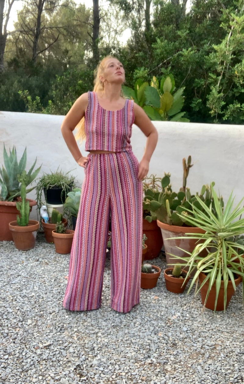 Up-cycled vintage machine knitted 2 piece set wide leg pants and top set made by Vagabond Ibiza