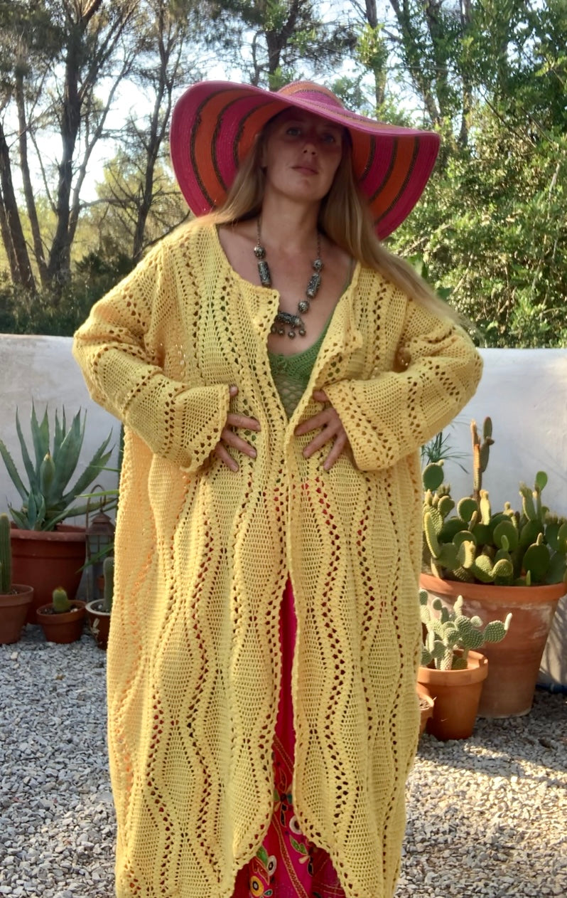 Vintage bright yellow handmade crochet blanket jacket up-cycled by Vagabond Ibiza.