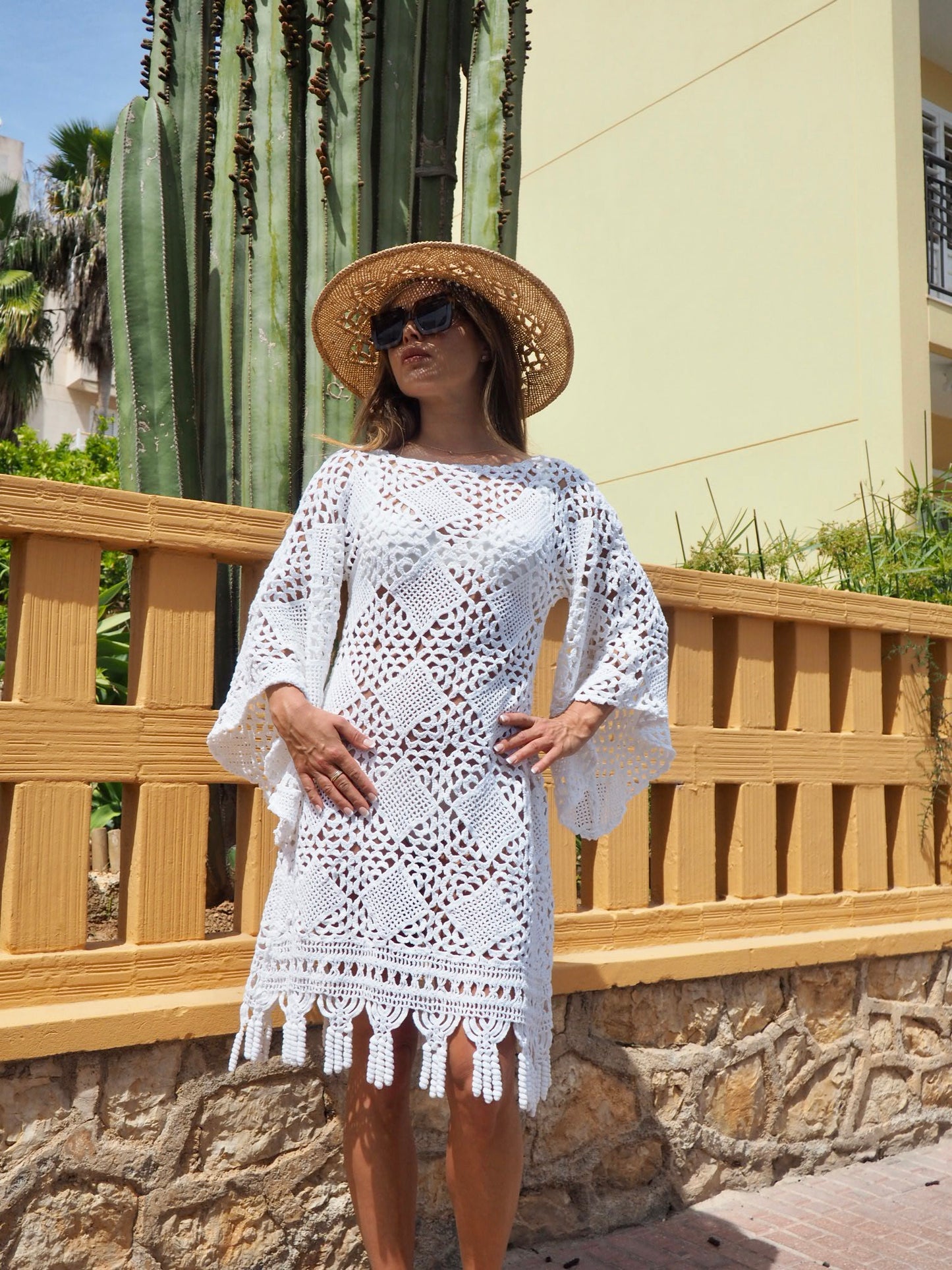 Vintage white crochet textiles up-cycled bell sleeve short dress made by Vagabond Ibiza