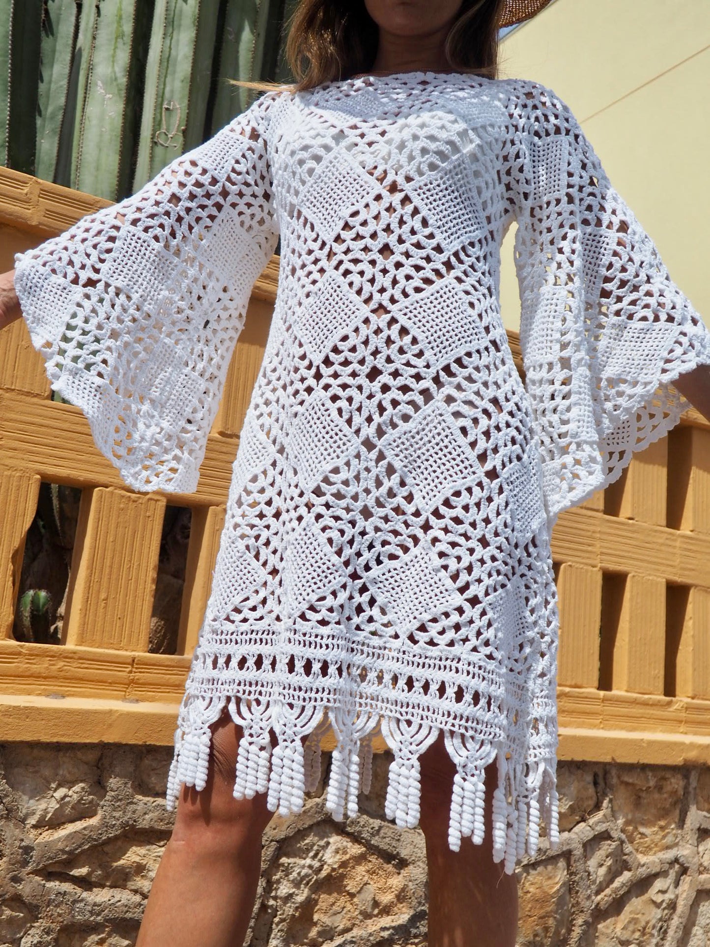 Vintage white crochet textiles up-cycled bell sleeve short dress made by Vagabond Ibiza