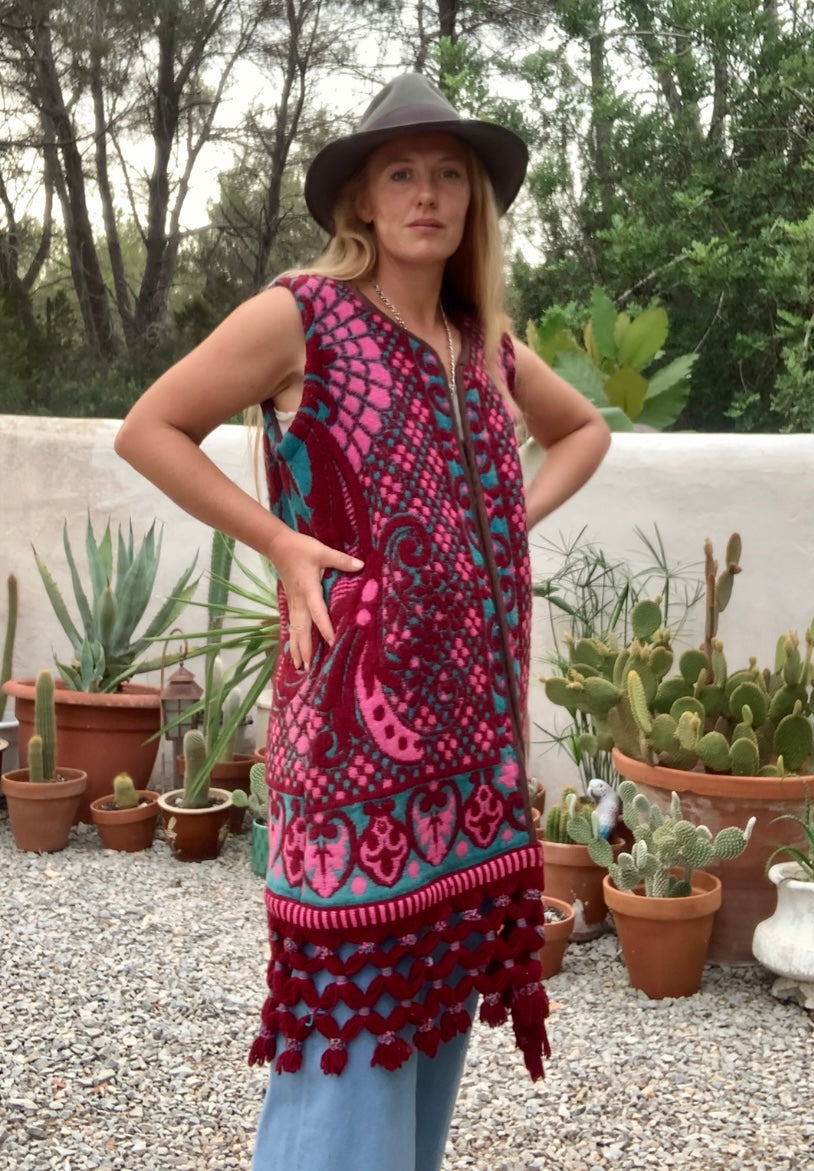 Amazing hand woven English textiles Up-cycled waistcoat jacket made by Vagabond Ibiza with bright pink and blue design and oversized tassels
