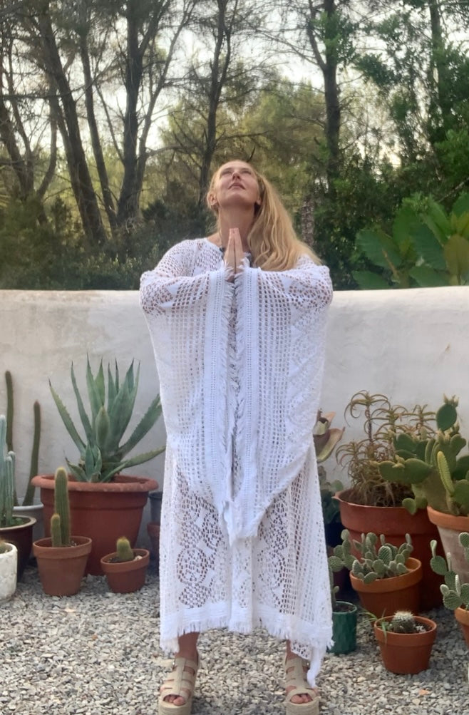 vintage white crochet long maxi dress with wide bell sleeves up-cycled by Vagabond Ibiza