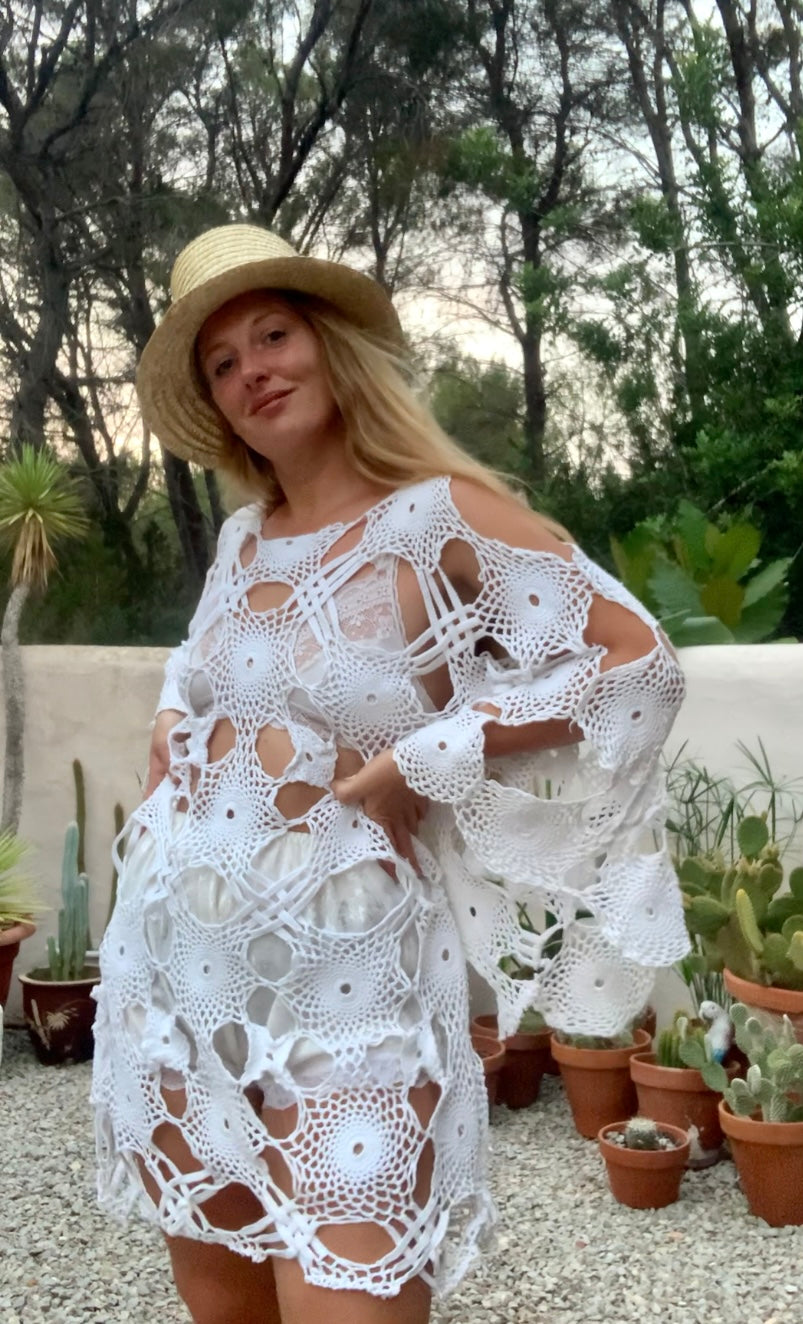 Funky vintage white crochet oversized bell sleeve dress up-cycled by Vagabond Ibiza