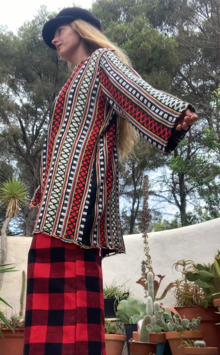 Hand woven Moroccan up-cycled blanket jacket made by Vagabond Ibiza with black white and red striped design