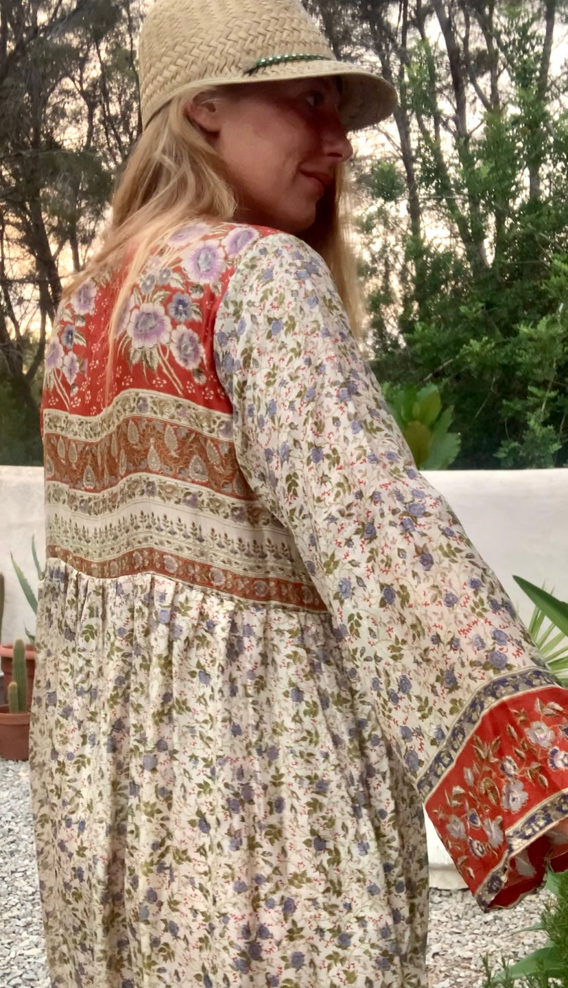 Vintage Indian sari dress cream with blue and orange floral print up-cycled by Vagabond Ibiza