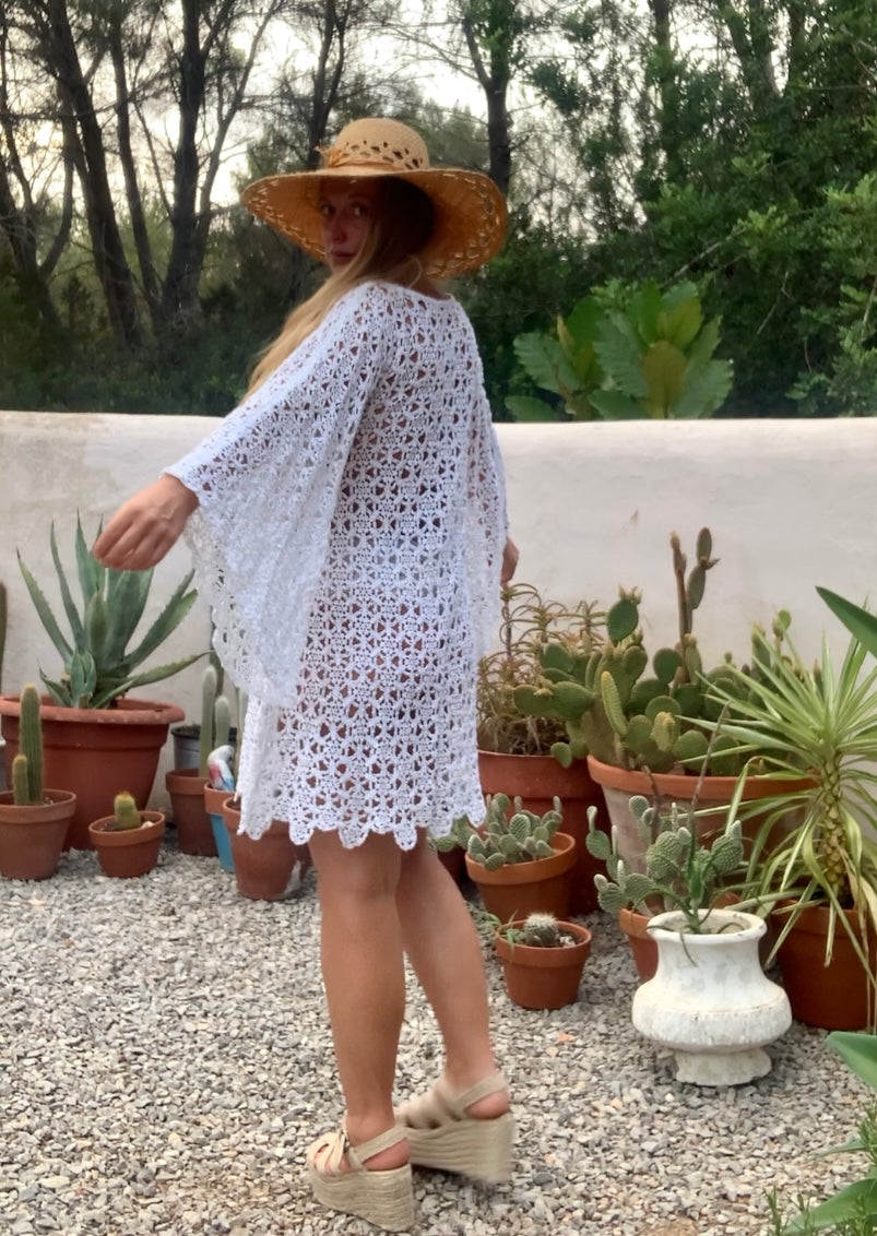 Very cool vintage white crochet oversized bell sleeve dress up-cycled by Vagabond Ibiza