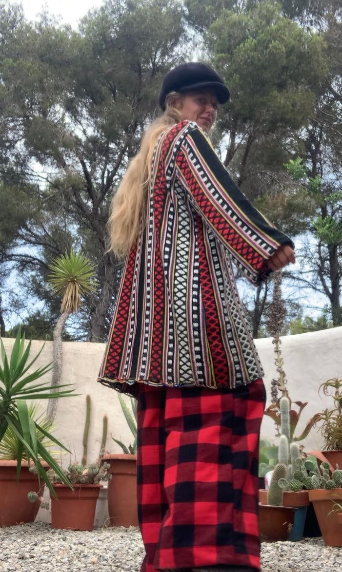 Hand woven Moroccan up-cycled blanket jacket made by Vagabond Ibiza with black white and red striped design